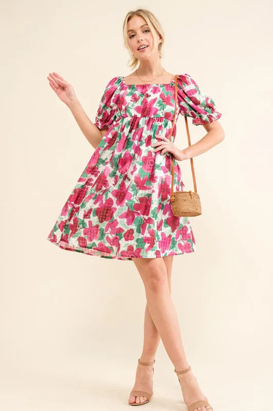 And The Why Smocked Floral Ruffle Short Sleeve Mini Dress Fuchsia / XL