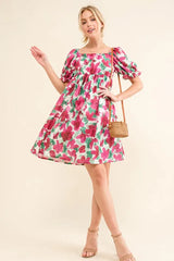 And The Why Smocked Floral Ruffle Short Sleeve Mini Dress Fuchsia / XL