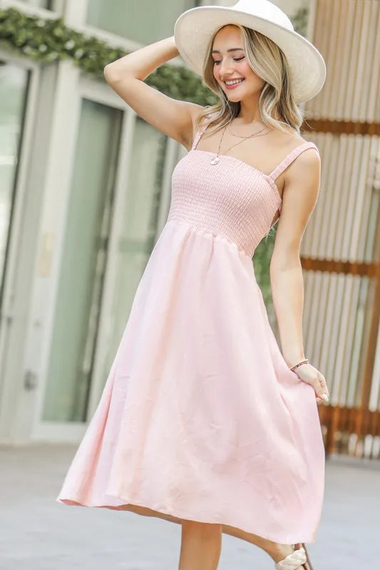 And The Why Smocking Open-Back Sleeveless Midi Dress Pale Pink / S