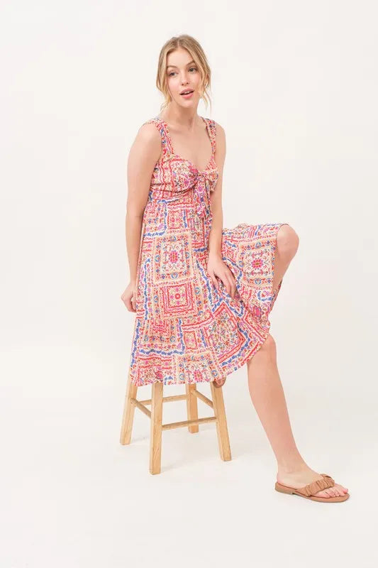 And The Why Tied Front Smocked Back Tiered Boho Printed Dress