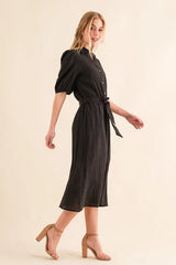 And The Why Waffle Textured Ribbon Waist Midi Dress