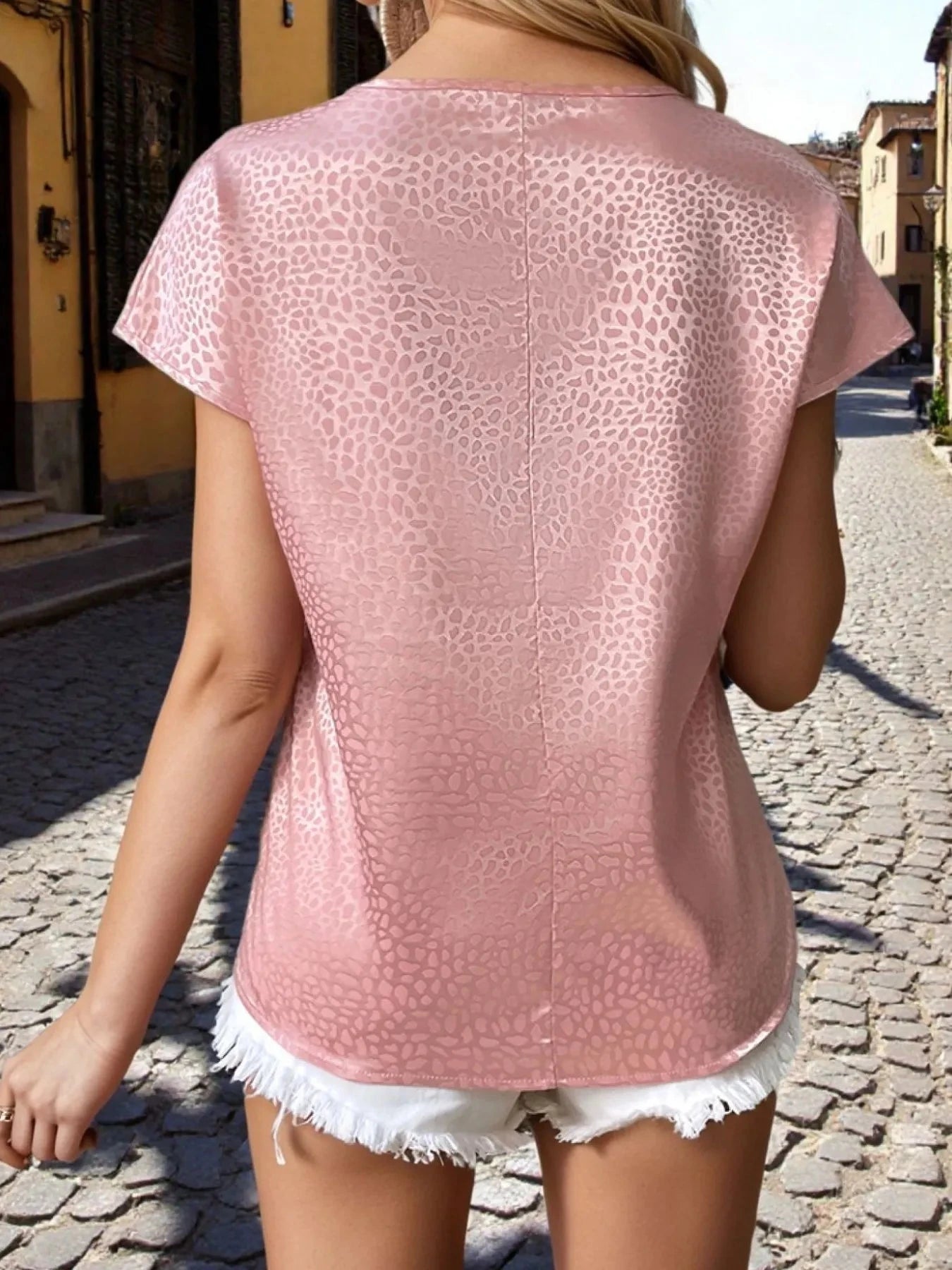 Animal Print Notched Short Sleeve Blouse