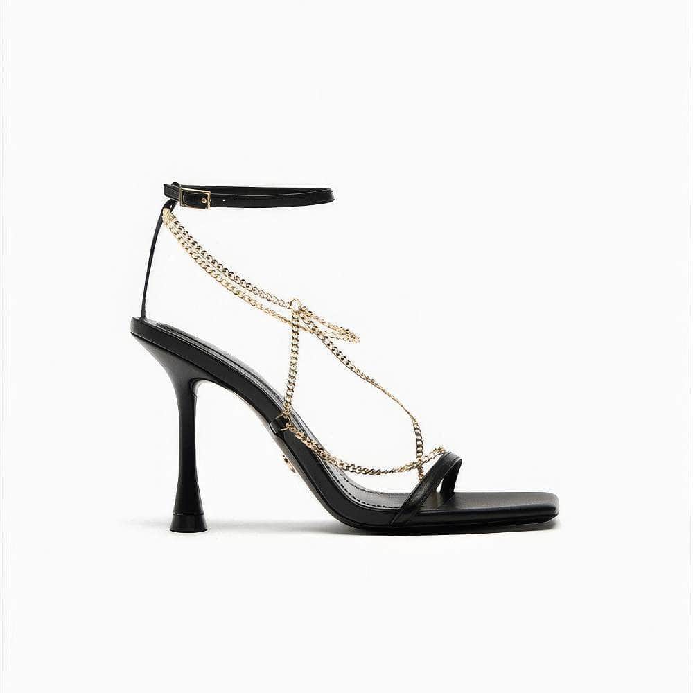 Ankle Strap Gold Chain Embellished Sandal Heels