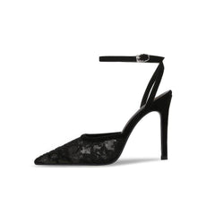 Ankle Strap Lace Floral Embroidered Pointy Toe Heels