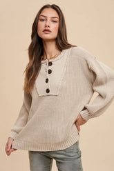 Annie Wear Half Button Ribbed Hem Sweater Oatmeal / S