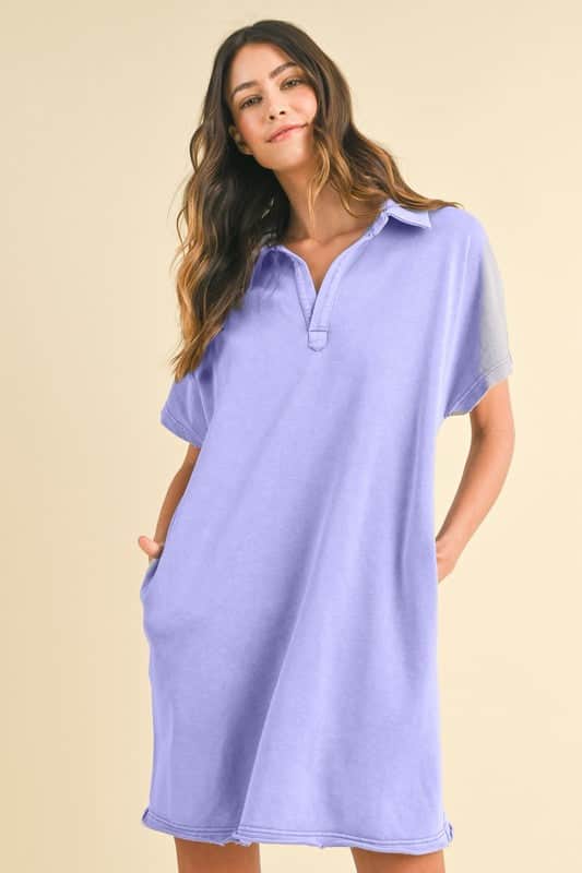 Annie Wear Mineral Washed Johnny Collar Short Sleeve Dress Blue Purple / S