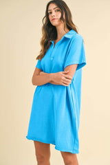 Annie Wear Mineral Washed Johnny Collar Short Sleeve Dress Sky Blue / S