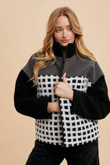 Annie Wear Plaid Zip Up Drop Shoulder Sherpa Jacket Ivory/Black / S