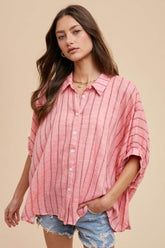 Annie Wear Striped Button Up Half Sleeve Shirt Coral Pink / S