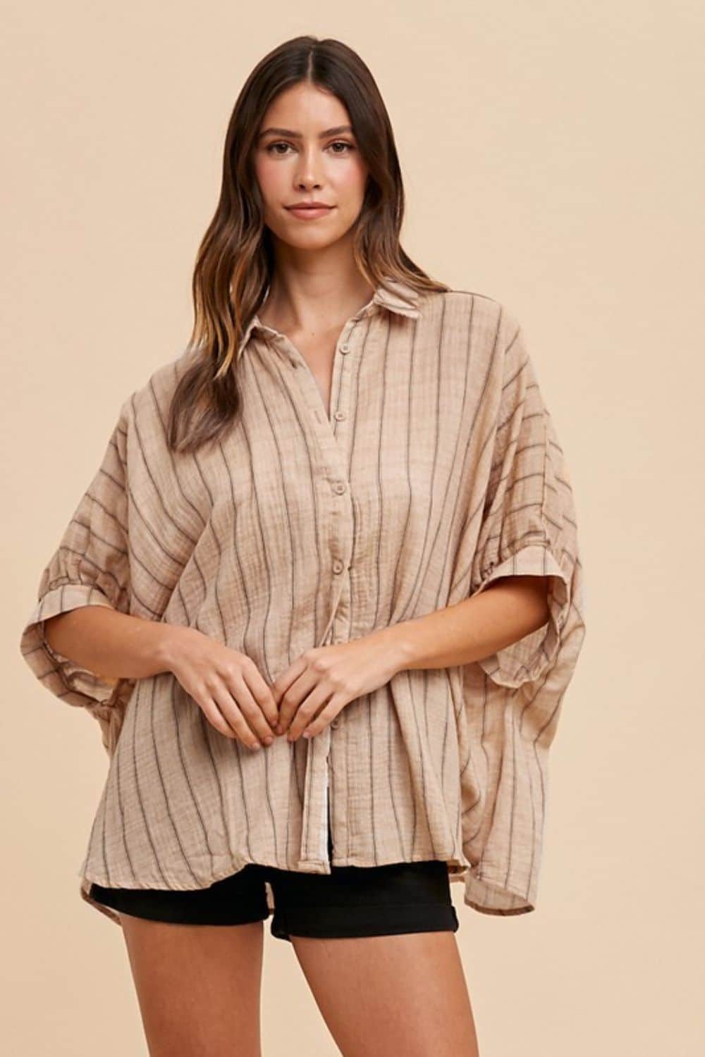 Annie Wear Striped Button Up Half Sleeve Shirt Latte / S