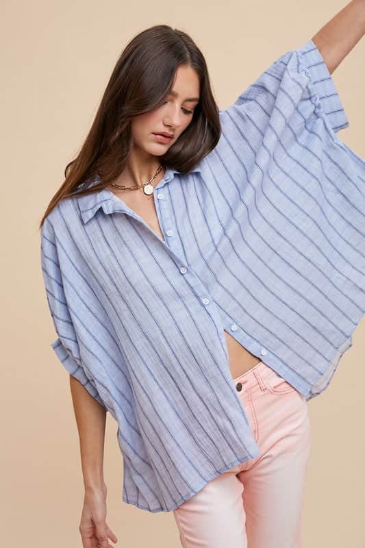 Annie Wear Striped Button Up Half Sleeve Shirt Lt Blue / S