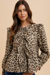 Annie Wear Tied Leopard Round Neck Peplum Blouse Mocha / S