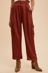 Annie Wear Wide Leg Cargo Satin Pants Burgundy / S