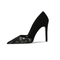 Applique Mesh Detailed Cutout Pointy Toe Heels