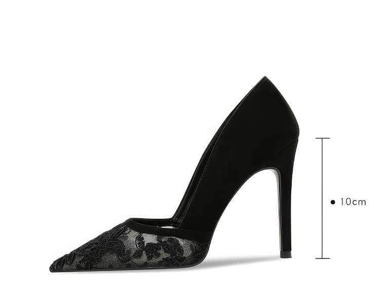 Applique Mesh Detailed Cutout Pointy Toe Heels