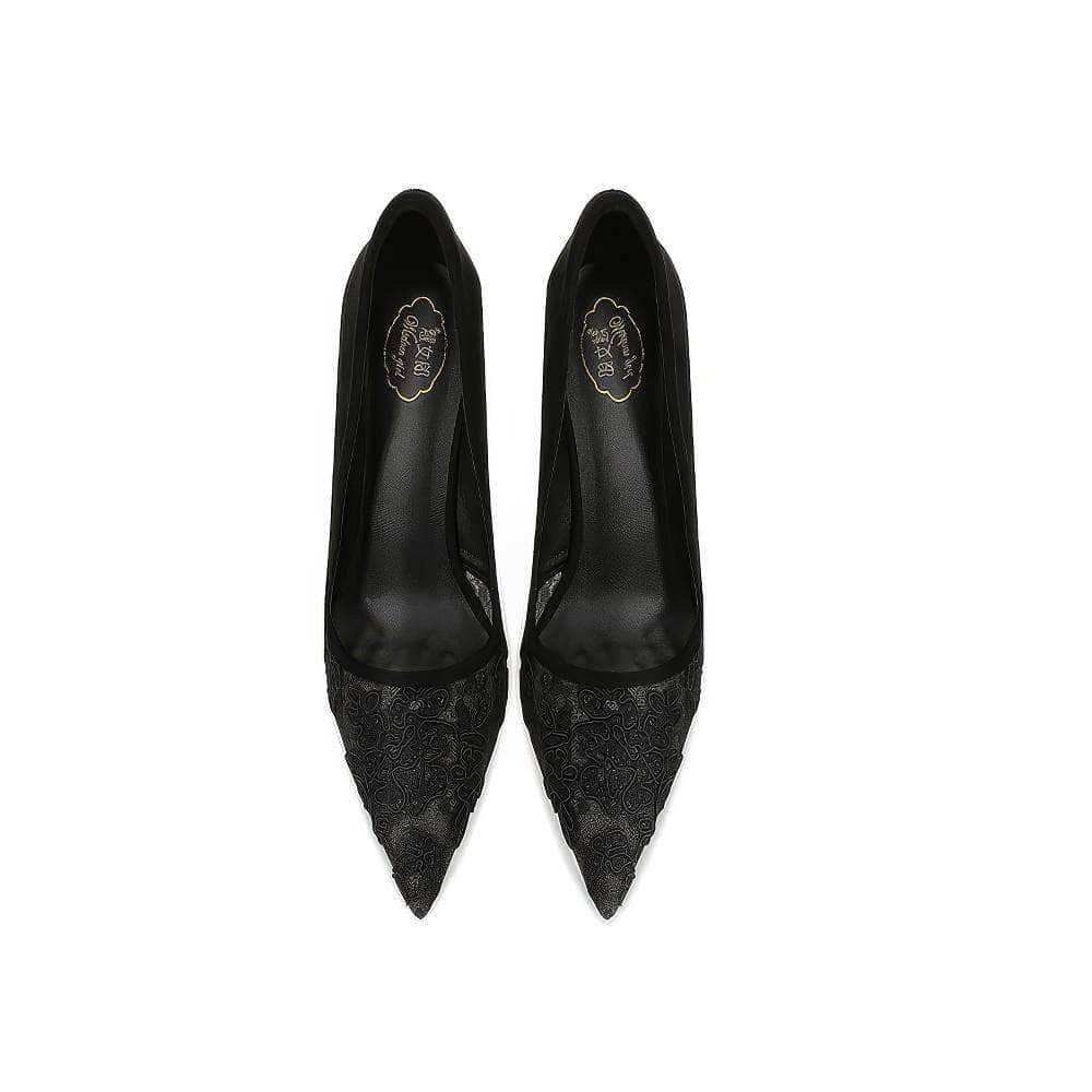 Applique Mesh Detailed Cutout Pointy Toe Heels