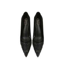 Applique Mesh Detailed Cutout Pointy Toe Heels