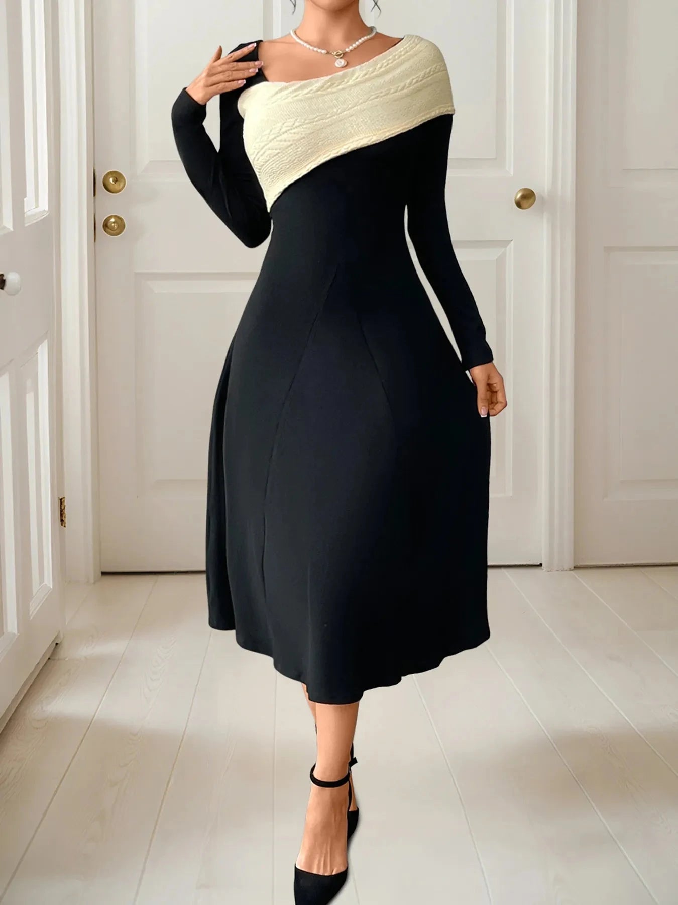 Asymmetrical Contrast Long Sleeve Dress