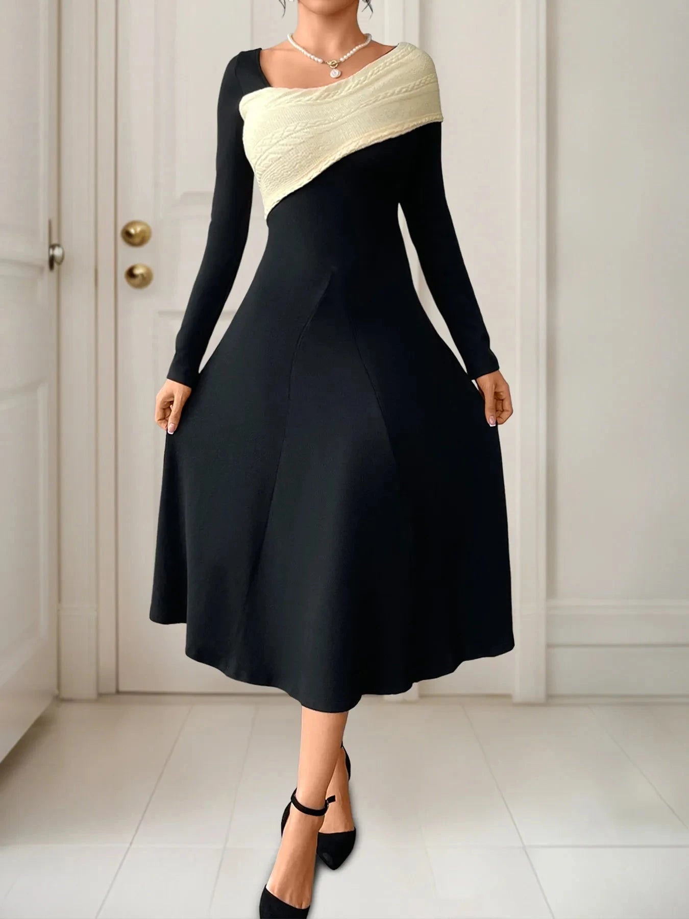 Asymmetrical Contrast Long Sleeve Dress