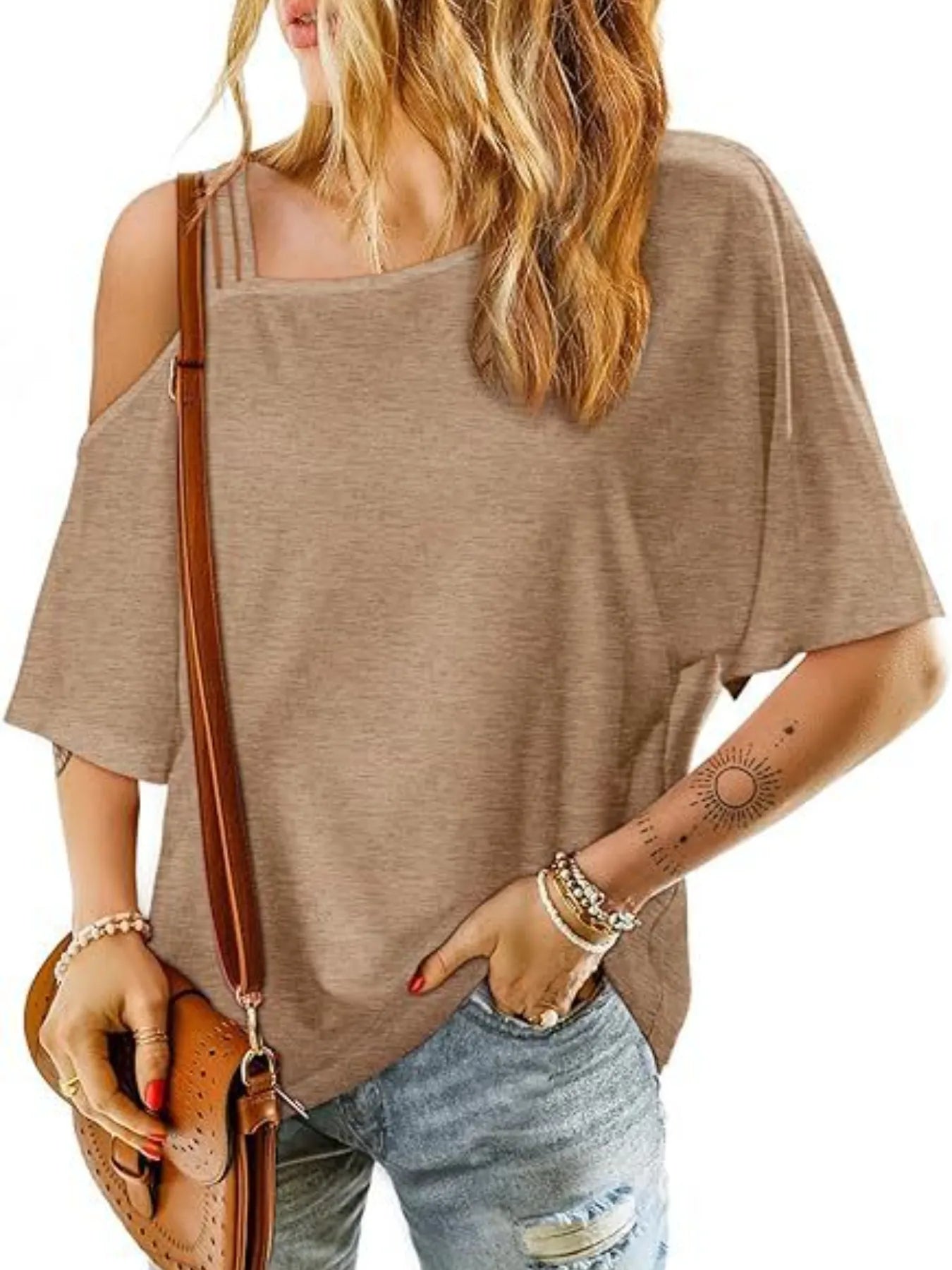 Asymmetrical Neck Half Sleeve T-Shirt Khaki / S