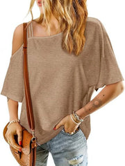 Asymmetrical Neck Half Sleeve T-Shirt Khaki / S