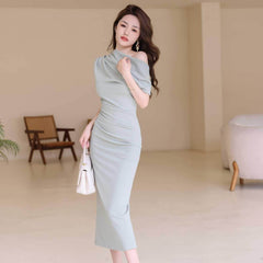 Asymmetrical Pleated Cocktail Midi Dress