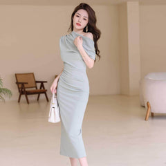 Asymmetrical Pleated Cocktail Midi Dress