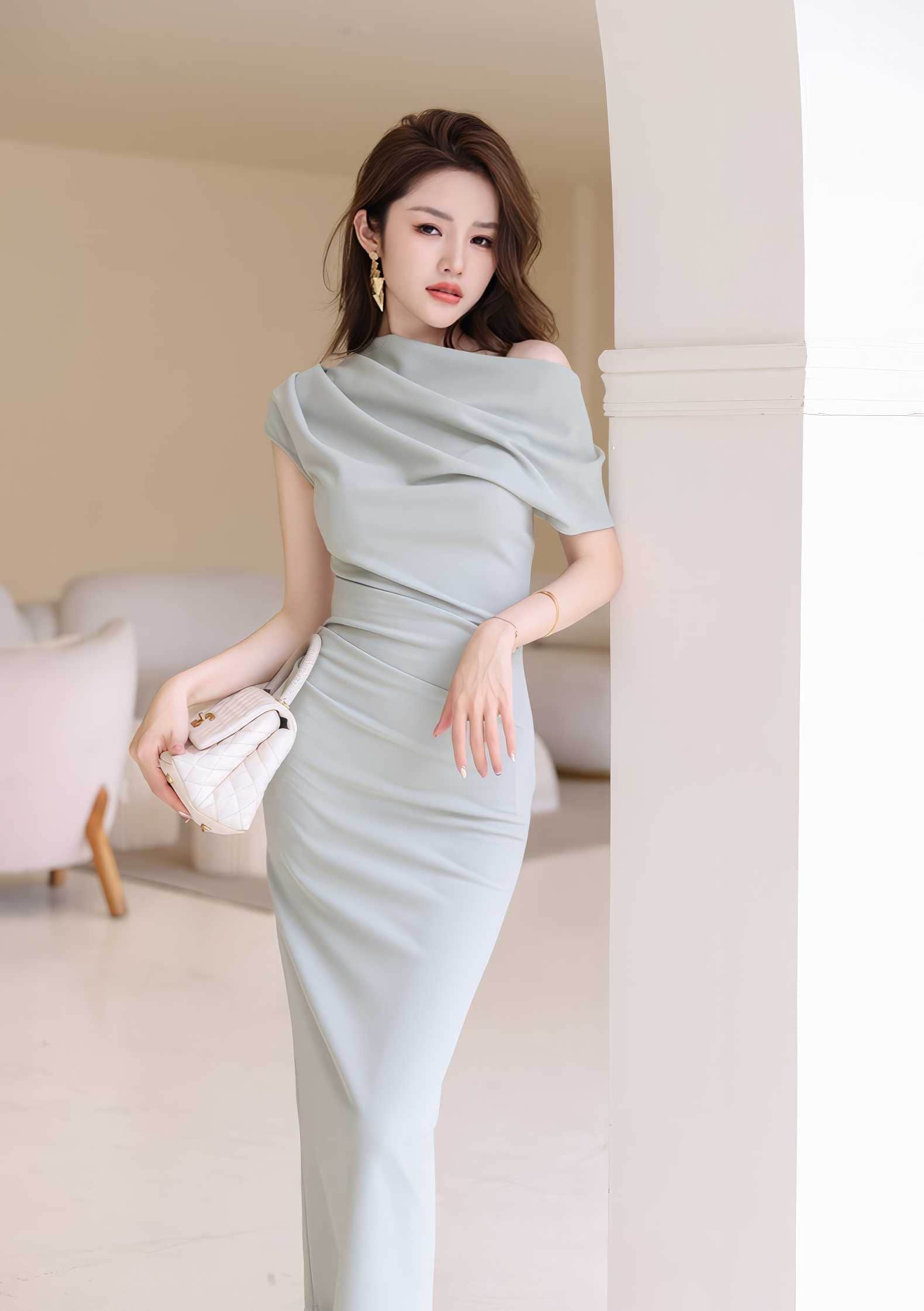 Asymmetrical Pleated Cocktail Midi Dress