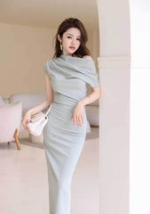 Asymmetrical Pleated Cocktail Midi Dress