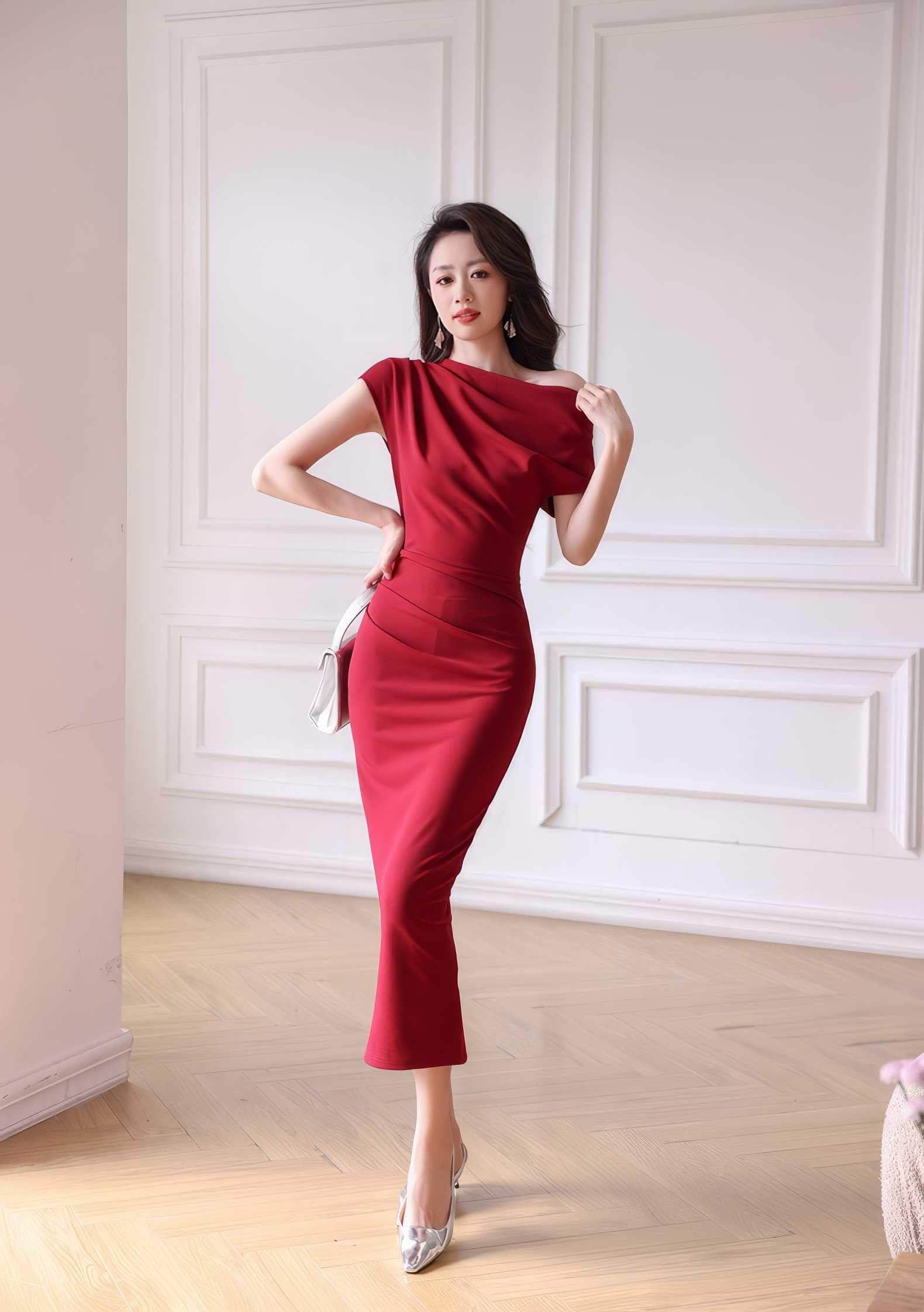 Asymmetrical Pleated Cocktail Midi Dress