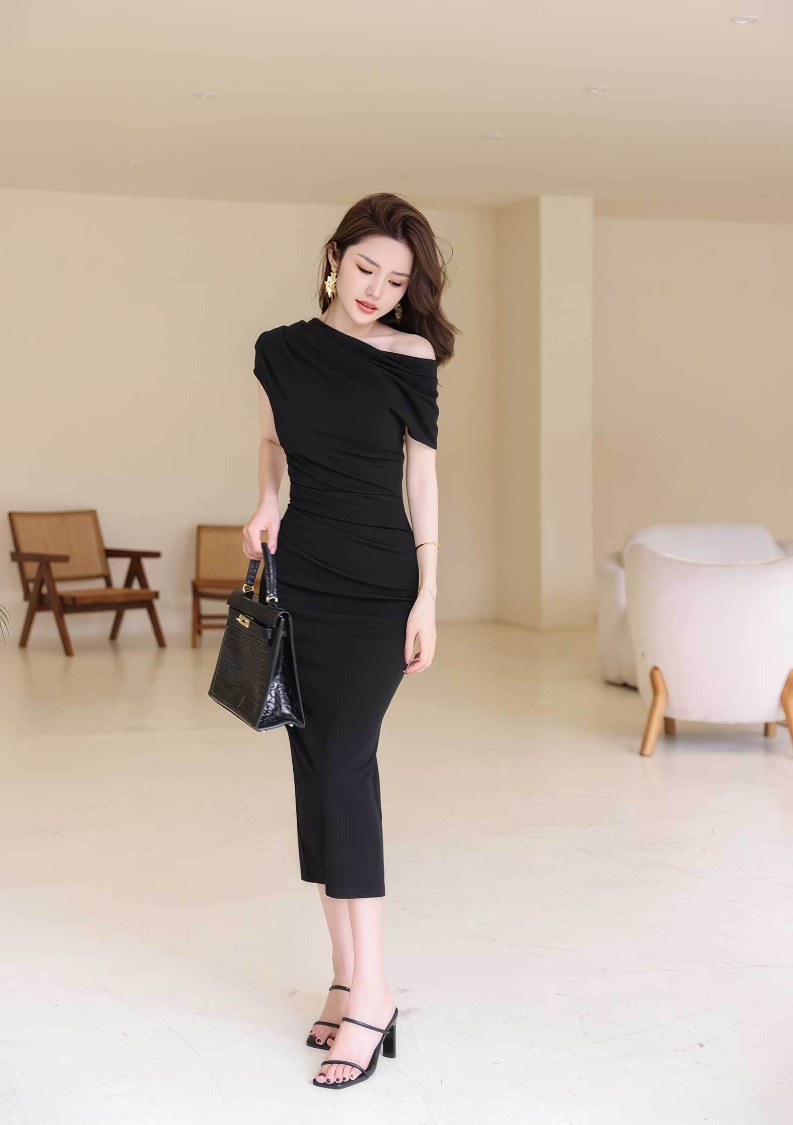 Asymmetrical Pleated Cocktail Midi Dress