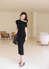 Asymmetrical Pleated Cocktail Midi Dress