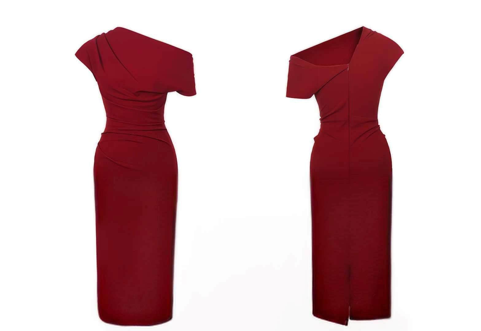 Asymmetrical Pleated Cocktail Midi Dress