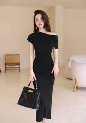 Asymmetrical Pleated Cocktail Midi Dress