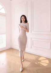 Asymmetrical Pleated Cocktail Midi Dress