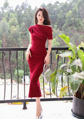 Asymmetrical Pleated Cocktail Midi Dress
