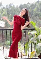 Asymmetrical Pleated Cocktail Midi Dress