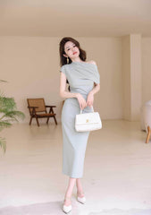 Asymmetrical Pleated Cocktail Midi Dress