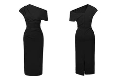 Asymmetrical Pleated Cocktail Midi Dress