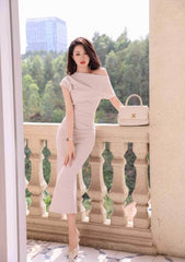 Asymmetrical Pleated Cocktail Midi Dress