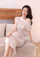 Asymmetrical Pleated Cocktail Midi Dress