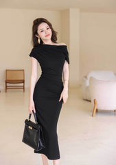 Asymmetrical Pleated Cocktail Midi Dress