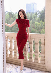 Asymmetrical Pleated Cocktail Midi Dress