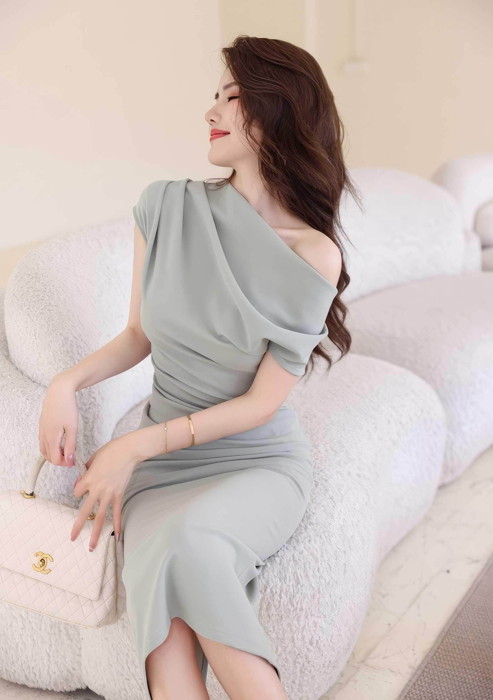 Asymmetrical Pleated Cocktail Midi Dress