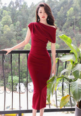 Asymmetrical Pleated Cocktail Midi Dress M / DarkRed