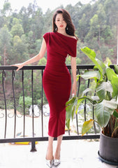 Asymmetrical Pleated Cocktail Midi Dress S / DarkRed