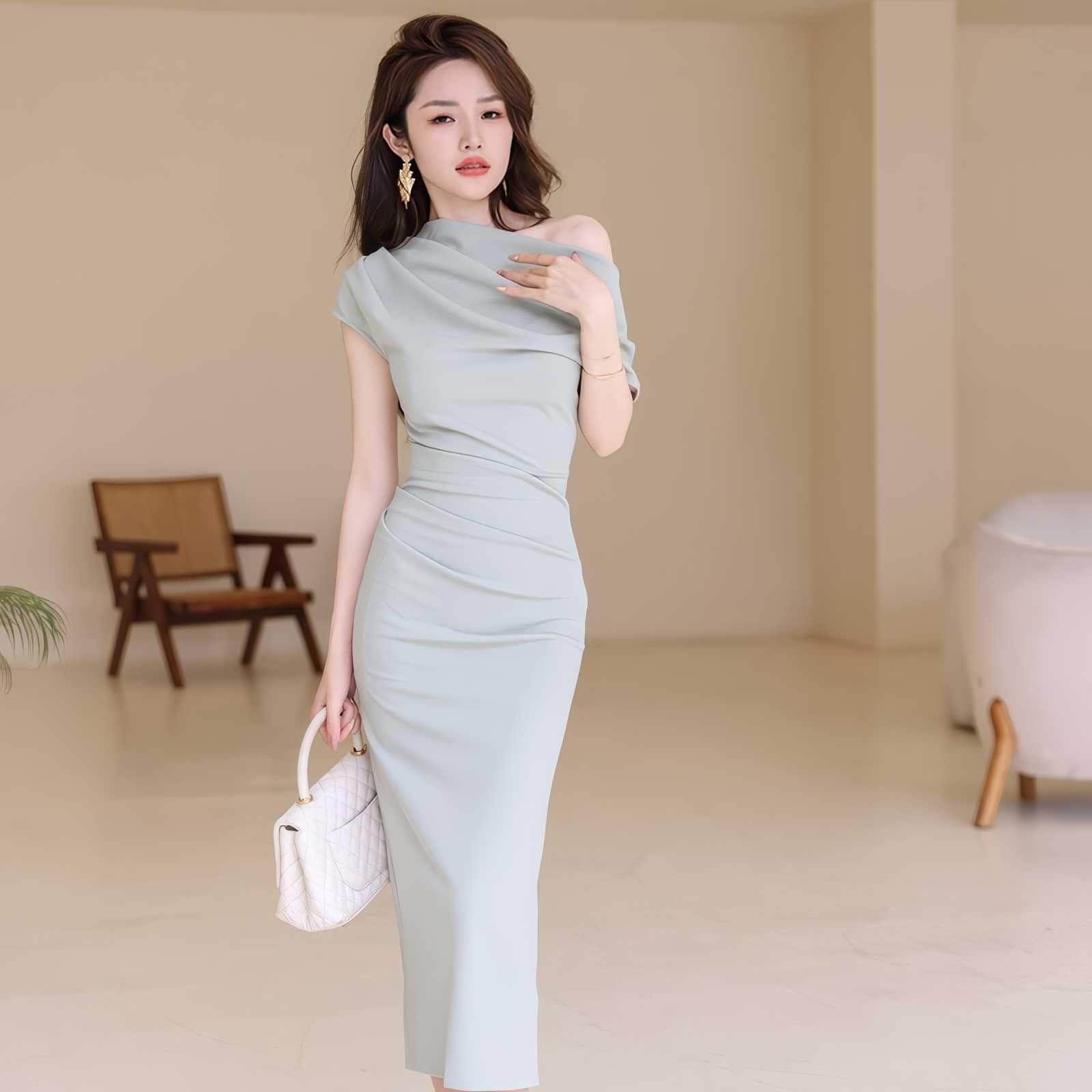 Asymmetrical Pleated Cocktail Midi Dress S / DarkSeaGreen