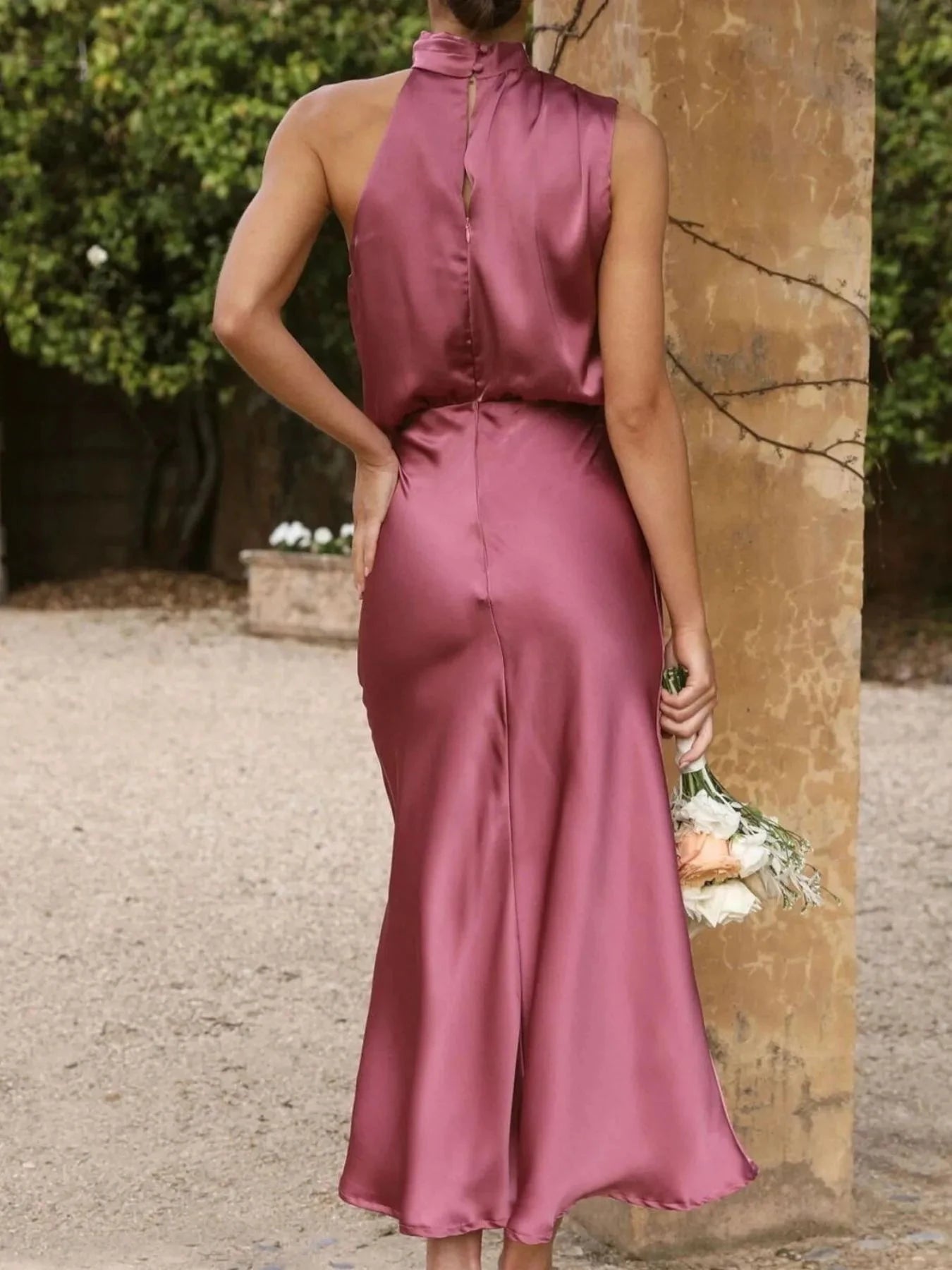 Asymmetrical Ruched Sleeveless Midi Dress