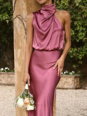 Asymmetrical Ruched Sleeveless Midi Dress