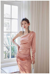 Asymmetrical Sheen Draped Silk Dress XS / DarkSalmon